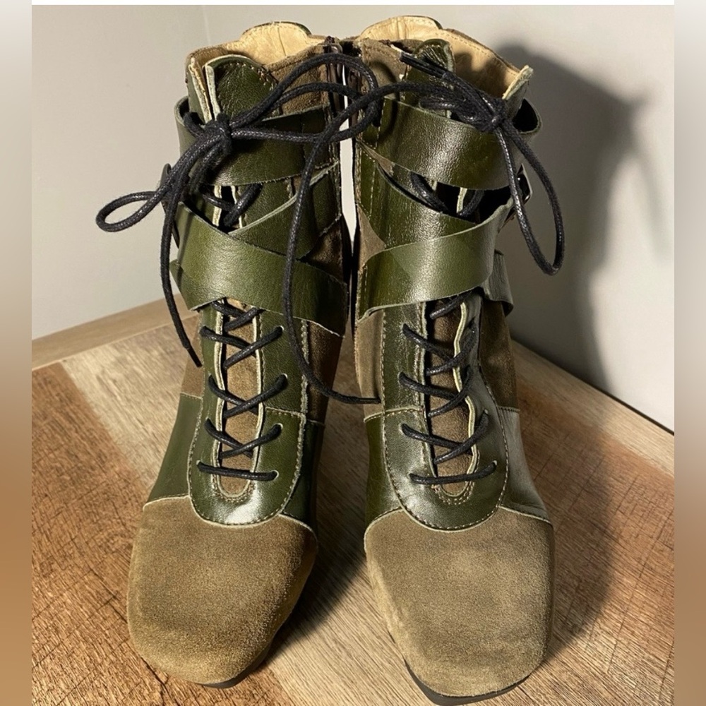 Smug by Prophecy Irregular Heeled Booties Olive Suede/Leather Made in Portugal